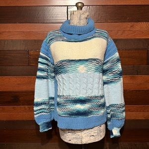 Vintage No Brand Tag Cowl Neck Long Sleeve Multi Colored Blue Chunky  Sw…